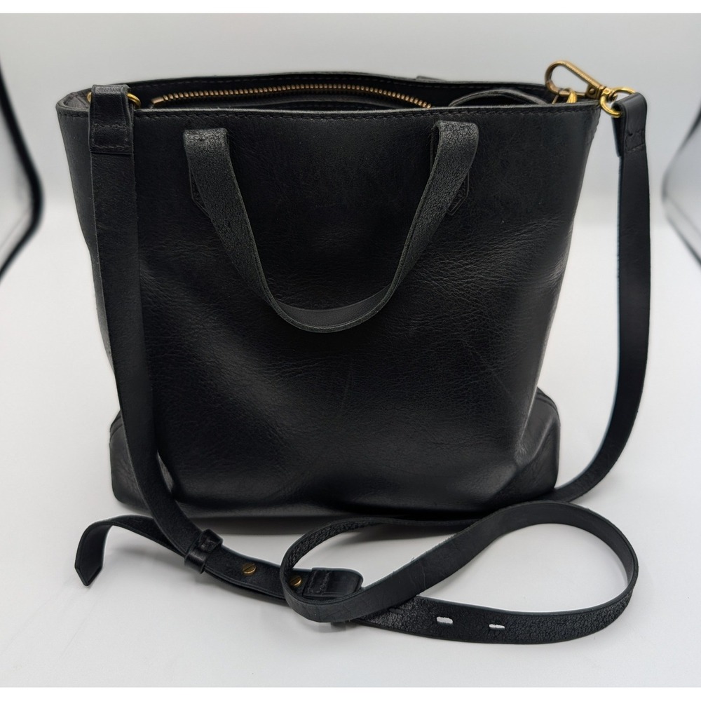Madewell Small Transport Crossbody Tote Bag Black Leather Zipper Top Handbag